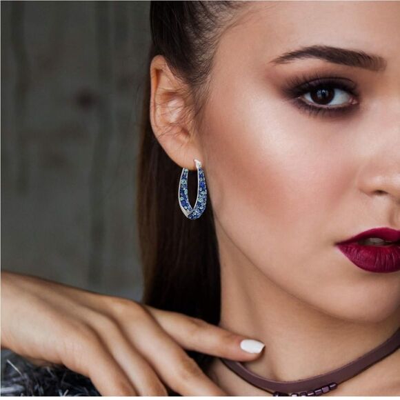 14K White Gold with Blue Sapphire Crystal U Shape French Lock Hoop Drop Earrings - Picture 5 of 5